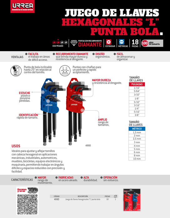Juego de llaves hexagonales tipo "L" punta de bola diamante, combinadas, 18 piezas Urrea