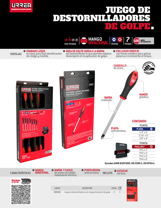 Juego de destornilladores con mango bimaterial de golpe, combinados, 7 piezas en estuche Urrea