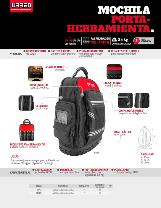 Mochila portaherramientas de poliéster extraíble 17"x13"x10", c/asa alambre Urrea