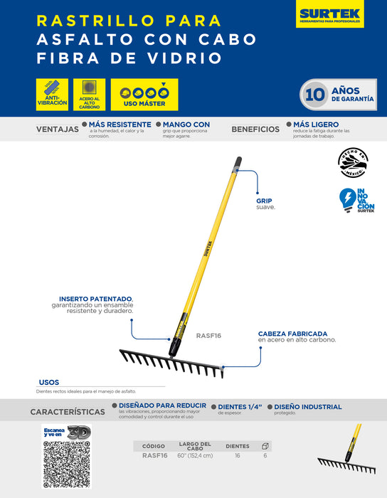 Rastrillo recto para asfalto con mango fibra de vidrio 60", 16 dientes Surtek