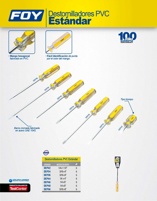 Destornillador con mango de PVC, punta plana barra redonda 1/4" x 4" Foy