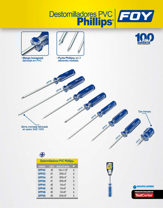 Destornillador con mango de PVC, punta Phillips barra redonda #2 x 8" Foy