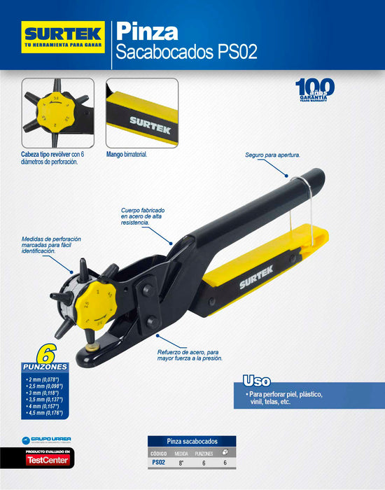 Pinza sacabocados tipo revolver con 6 medidas de perforación Surtek
