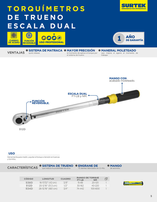 Torquímetro de trueno una escala dual cuadro de 3/4", 100-600 Nm (74-442.5 ft-lb) Surtek