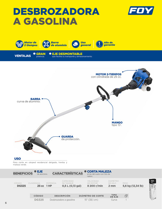 Desbrozadora a gasolina curva 16.3" 25 cc Foy
