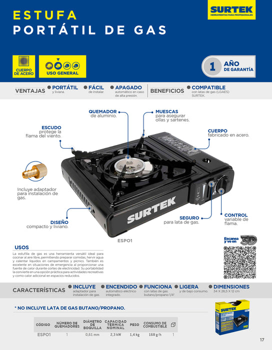 Estufa portátil de gas, con encendido electrónico para lata válvula 1/4 de vuelta Surtek
