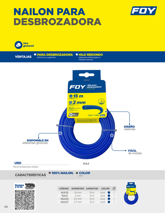 Nailon redondo para desbrozadora en tarjeta, 2.7 mm x 12 m Foy