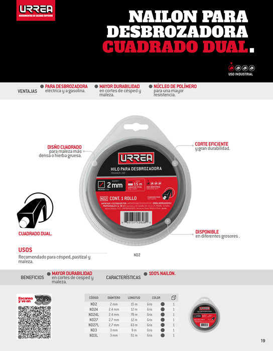 Nailon cuadro dual para desbrozadora doble blister, 3 mm x 51 m Urrea
