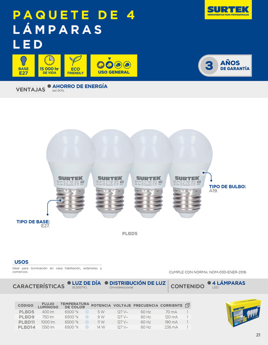 Paquete de 4 lámparas de LED tipo bulbo A19, 5 W luz de día Surtek