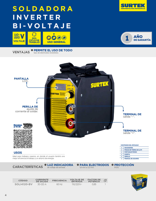 Soldadora inverter para electrodos de 1 fase bi voltaje 110 - 220 V, 120 A Surtek