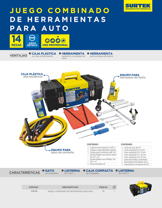 Juego combinado de herramientas para auto 14 piezas, con caja plástica Surtek