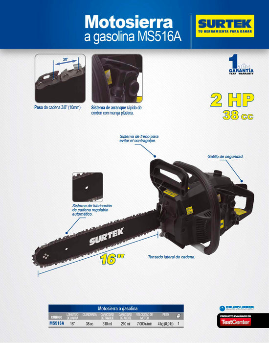 Motosierra a gasolina 16", 38cc Surtek