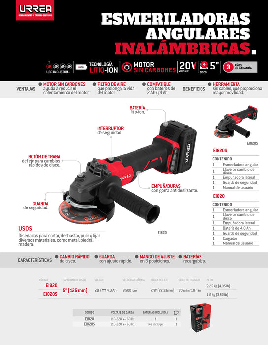 Esmeriladora angular a batería Litio-ion 5" 20 V 8500 RPM, sin batería Urrea