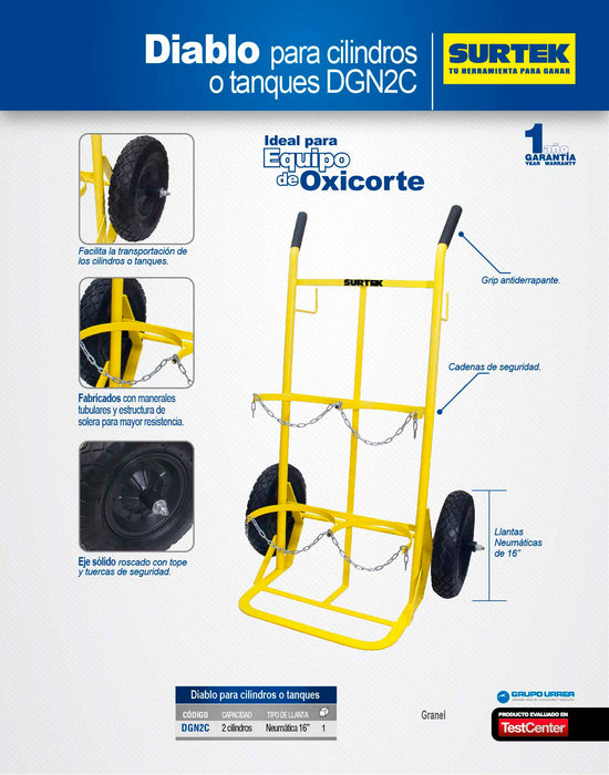 Diablo para cilindros o tanques capacidad 2 cilindros con llanta neumática Surtek