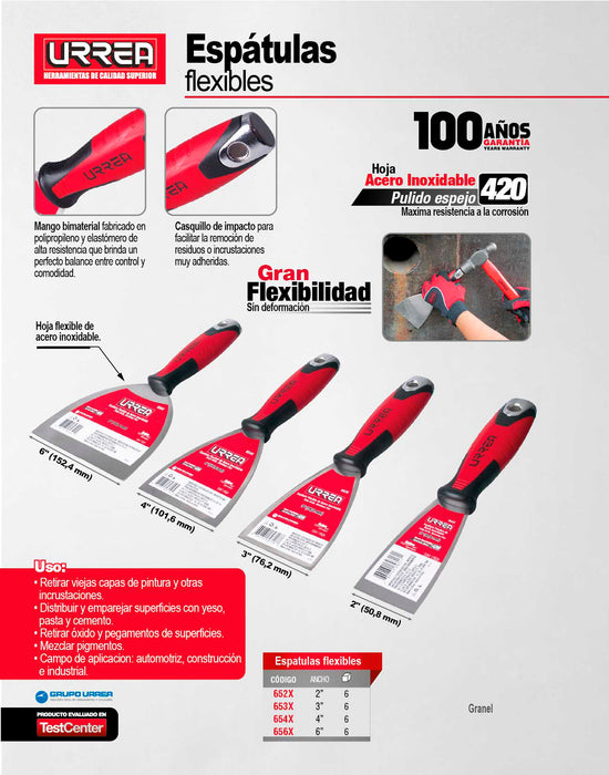 Espátula flexible de acero inoxidable con mango bimaterial 4" Urrea