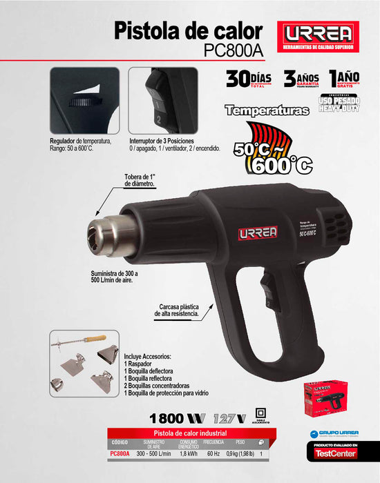 Pistola de calor 50°C a 600°C 1800 W 127 V con sensor contra sobrecalentamiento Urrea