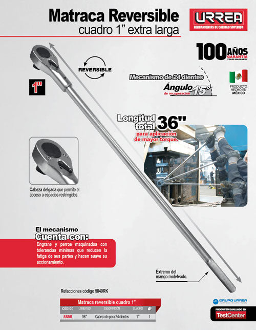 Matraca reversible mango largo, quick release, para dado cuadro de 1" Urrea