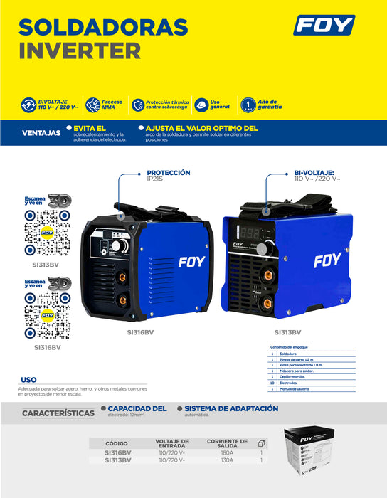Soldadora inverter para electrodos de 1 fase bi voltaje 110-220 V, 130 A Foy