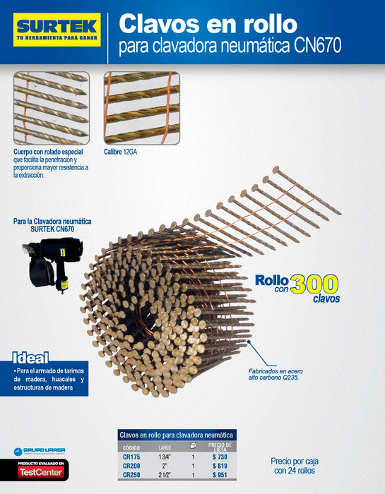 Clavos en rollo de 300 para clavadora neumática calibre 12, 1-3/4" Surtek