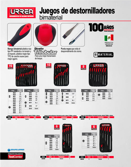 Juego de destornilladores con mango bimaterial combinados, 10 piezas en estuche Urrea