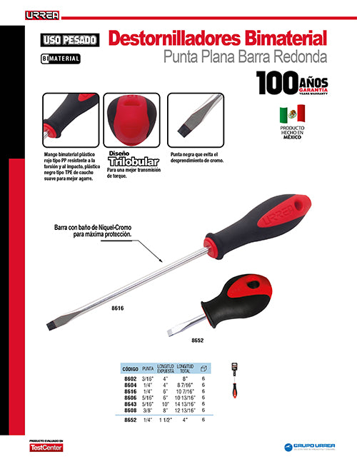 Destornillador con mango bimaterial, punta plana barra redonda 3/16" x 4" Urrea