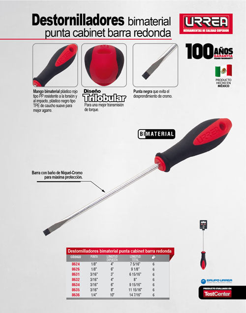 Destornillador con mango bimaterial, punta cabinet barra redonda 1/8" x 6" Urrea