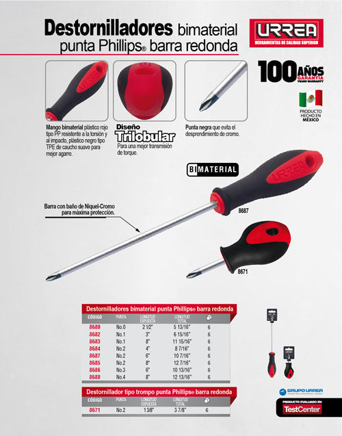 Destornillador con mango bimaterial, punta Phillips barra redonda #4 x 8" Urrea