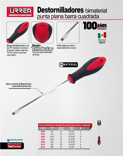 Destornillador con mango bimaterial, punta plana barra cuadrada 3/8" x 12" Urrea