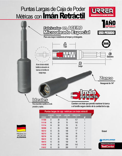 Punta de caja de poder con imán retráctil métrica hexágono de 1/4", 12 x 150 mm Urrea