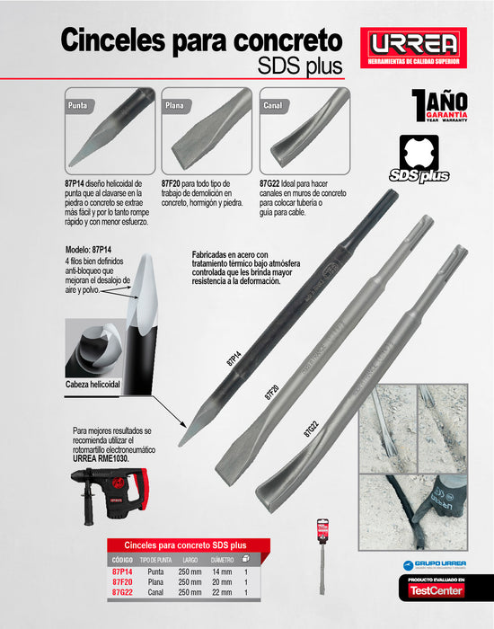 Cincel corta frío para martillos demoledores plana SDS PLUS 20 mm x 250 mm Urrea