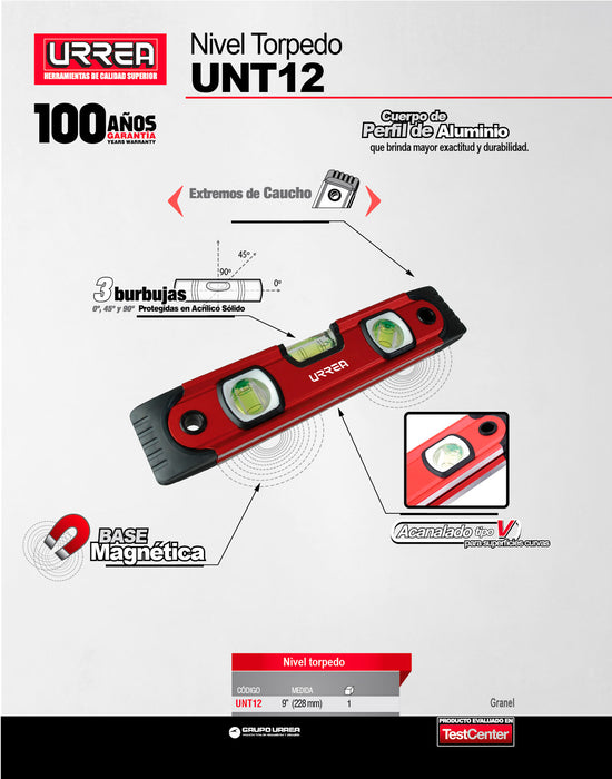 Nivel torpedo magnético anti-impacto acanalado tipo "V" 9" Urrea