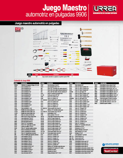 Juego maestro automotriz en pulgadas 137 piezas, con gabinete 9992 Urrea