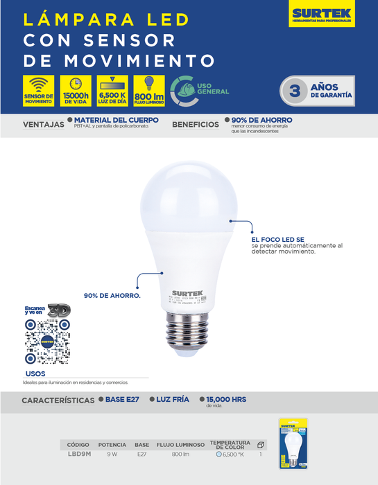 Lámpara de LED tipo bulbo A19, 9 W luz de día con sensor crepuscular Surtek