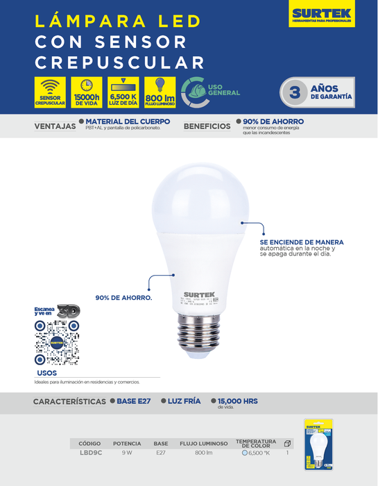 Lámpara de LED tipo bulbo A19, 9 W luz de día con sensor de movimiento Surtek