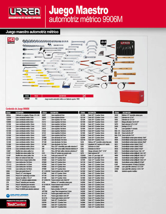 Juego maestro automotriz métrico 143 piezas, con gabinete 9992 Urrea