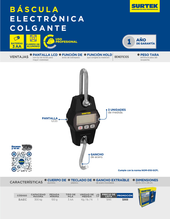 Báscula electrónica colgante 300 kg Surtek