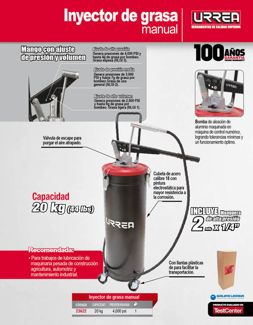 Inyector de grasa con cubeta de palanca con ruedas de 20 kg, 4,000 PSI Urrea