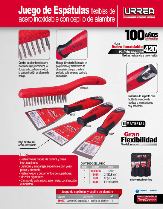 Juego de espátulas flexibles de acero inoxidable con mango bimaterial y cepillo, 4 piezas Urrea