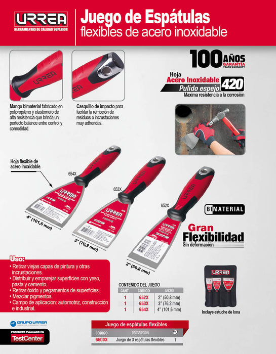 Juego de espátulas flexibles de acero inoxidable con mango bimaterial, 3 piezas Urrea