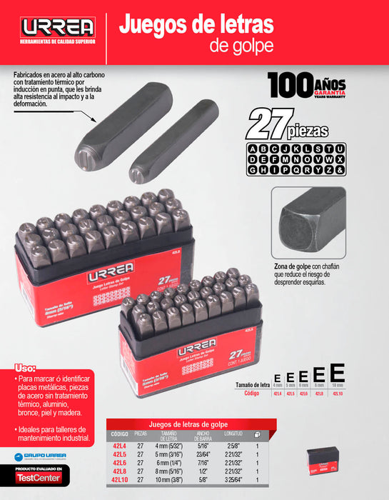 Juego de letras de la "A" a la "Z" de golpe 5 mm, 27 piezas Urrea