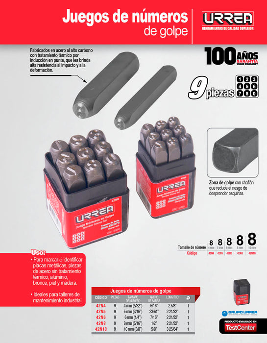 Juego de números del "0" al "9" de golpe 5 mm, 9 piezas Urrea