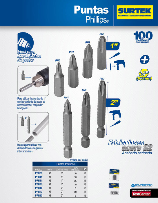 Punta Phillips de poder hexágono de 1/4", #2 x 2" 20 piezas Surtek