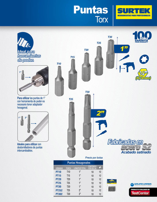 Punta Torx de poder hexágono de 1/4", T15 x 1" 10 piezas Surtek