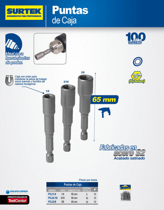 Punta de caja de poder con imán en pulgadas hexágono de 1/4", 1/4", 5 piezas Surtek