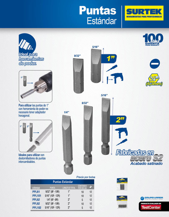 Puntas planas de poder para destornillador hexágono de 1/4", 1/4" x 2" 5 piezas Surtek