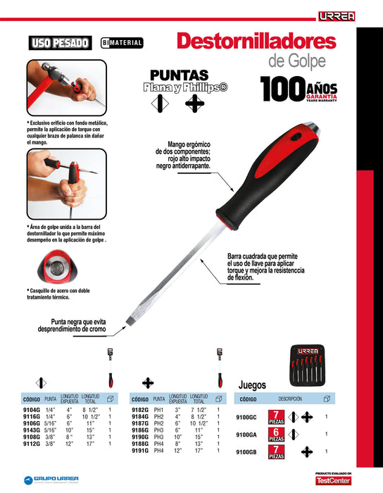 Juego de destornilladores con mango bimaterial de golpe, punta plana, 6 piezas en estuche Urrea