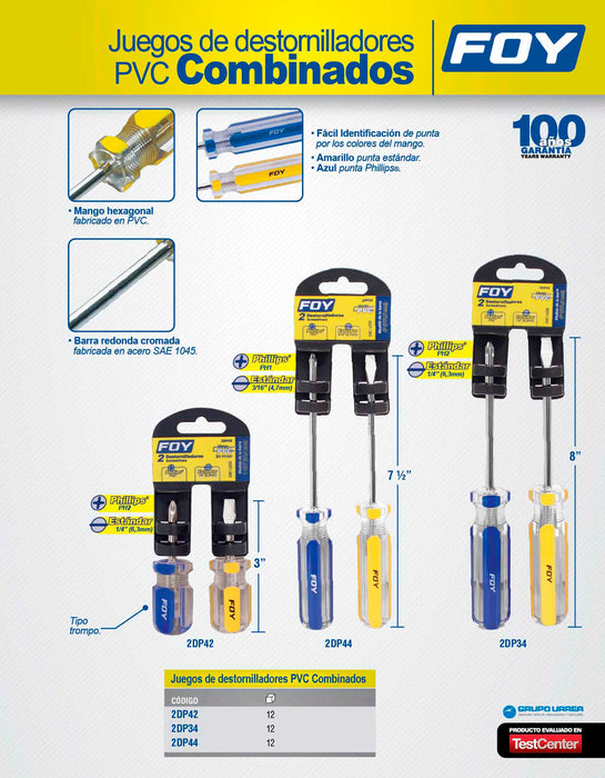 Juego de destornilladores con mango de PVC combinados, 2 piezas en blíster Foy