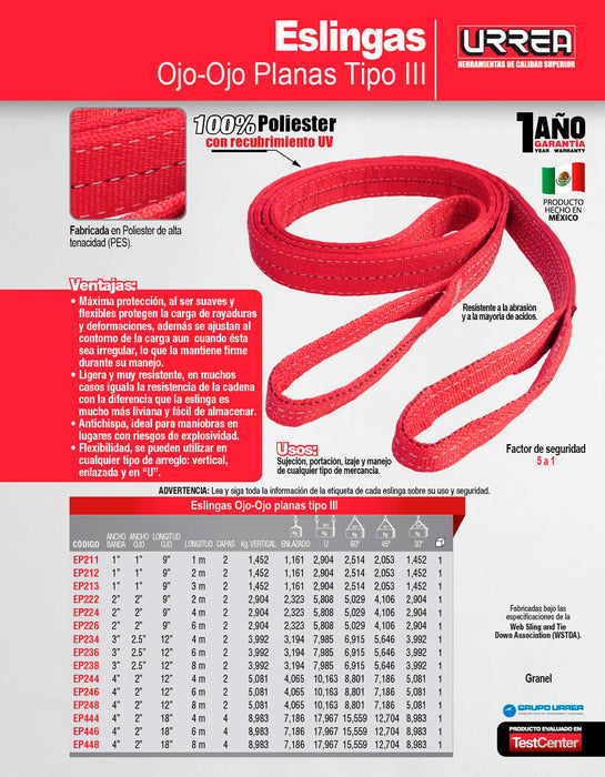 Eslinga de poliéster plana tipo ojo-ojo reforzada 4" x 8 m, 4 capas Urrea