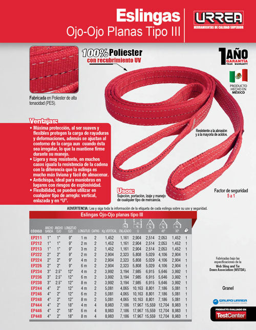 Eslinga de poliéster plana tipo ojo-ojo reforzada 4" x 4 m, 2 capas Urrea