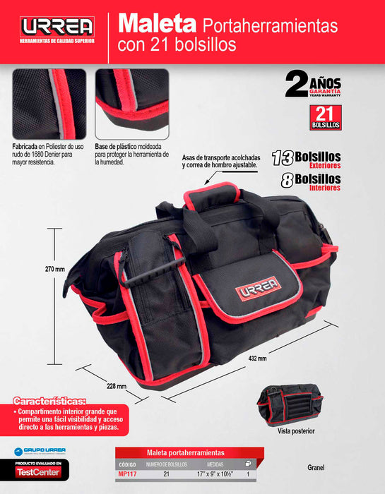 Maleta portaherramientas de poliéster 19" x 9" x 10" Urrea